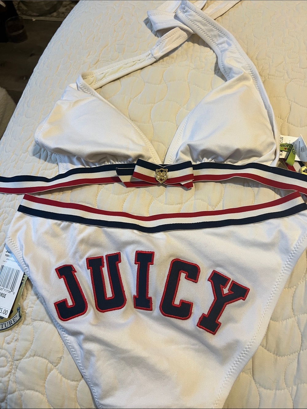 Juicy Couture White Bikini with Red & Navy Trim and Crest